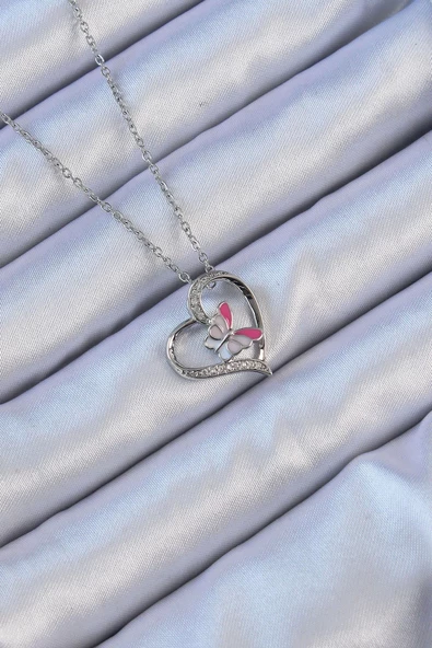 316L Çelik Zincir Gümüş Renk Mineli Kelebek Figür Zirkon Taşlı Kalp Kolye ürün görseli 1