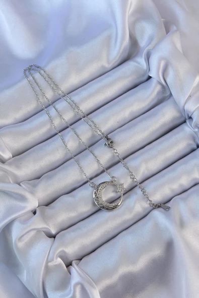 316L Çelik Zincir Gümüş Renk Zirkon Taşlı Motifli Ay Yıldız Kolye - Resim 2