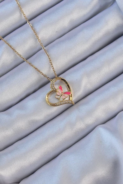 316L Çelik Zincir Altın Renk Mineli Kelebek Figür Zirkon Taşlı Kalp Kolye ürün görseli 1