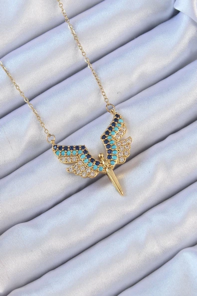 316L Çelik Zincir Altın Renk Mavi Zirkon Taşlı Mikail Meleği Kolye ürün görseli 1