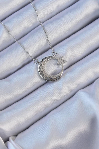 316L Çelik Zincir Gümüş Renk Zirkon Taşlı Motifli Ay Yıldız Kolye ürün görseli 1