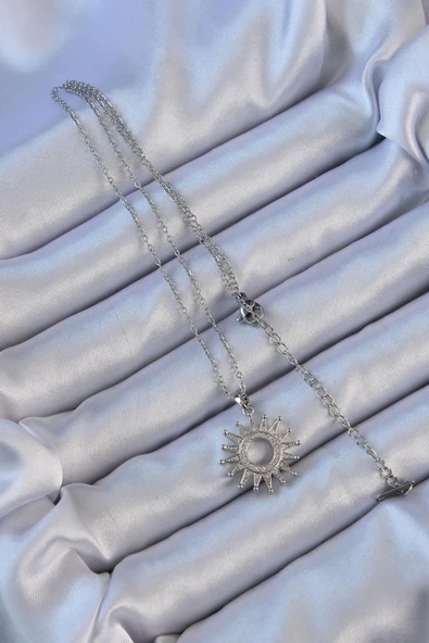 316L Çelik Zincir Gümüş Renk Zirkon Taşlı Parlayan Güneş Kolye - Resim 2