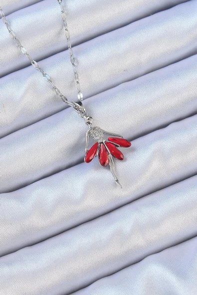 316L Çelik Zincir Gümüş Renk Kırmızı Etekli Zirkon Taşlı Balerin Kolye ürün görseli 1