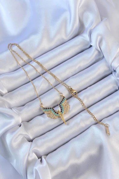 316L Çelik Zincir Altın Renk Mavi Zirkon Taşlı Mikail Meleği Kolye - Resim 2