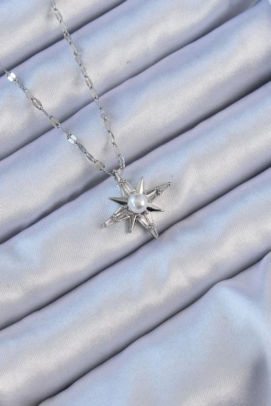 316L Çelik Zincir Gümüş Renk Baget Taşlı İnci Detay Kutup Yıldızı Kolye ürün görseli 1