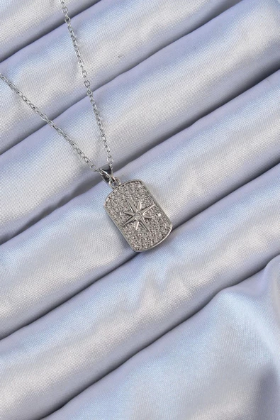 316L Çelik Zincir Gümüş Renk Zirkon Taşlı Kutup Yıldızlı Vintage Kolye ürün görseli 1