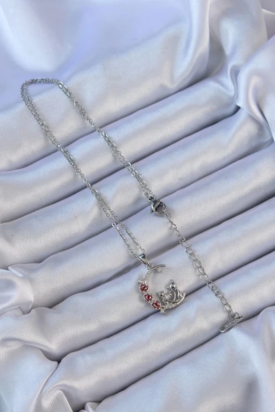 316L Çelik Zincir Gümüş Renk Kırmızı Gül Detay Kedi Figür Zirkon Taşlı Ay Kolye - Resim 2