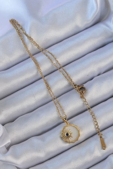 316L Çelik Altın Renk Zirkon Taşlı Mineli Kutup Yıldızı Kolye - Resim 2