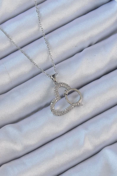 316L Çelik Zincir Gümüş Renk Zirkon Taşlı Yüzüklü Kalp Kolye ürün görseli 1