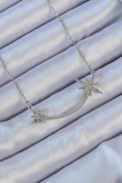 316L Çelik Zincir Gümüş Renk Zirkon Taşlı Kutup Yıldızı Kolye ürün görseli 1