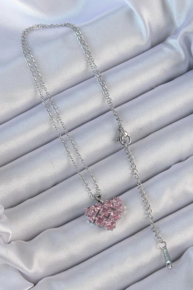 316L Çelik Zincir Gümüş Renk Pembe Parçalı Zirkon Taşlı Kalp Kolye - Resim 2