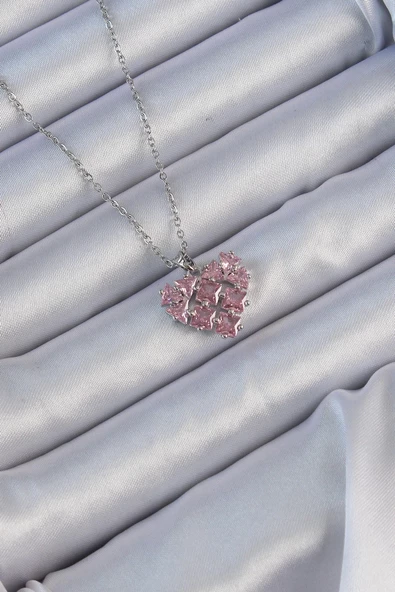 316L Çelik Zincir Gümüş Renk Pembe Parçalı Zirkon Taşlı Kalp Kolye ürün görseli 1