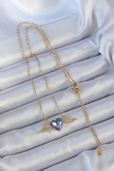 316L Çelik Zincir Altın Renk Mavi Mor Zirkon Taşlı Kanatlı Kalp Kolye - 2