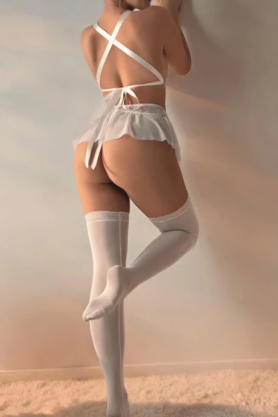 Moda Çizgi Kadın Fiyonklu Faztezi Beyaz Gecelik Takım K1001 - 2