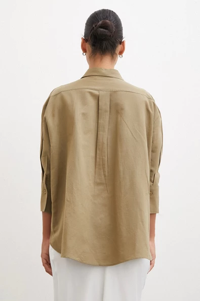 Yırtmaçlı Fakir Kol Gömlek Haki - Resim 5