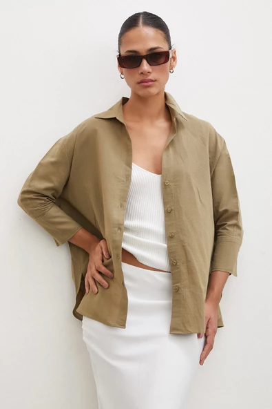 Yırtmaçlı Fakir Kol Gömlek Haki - Resim 2