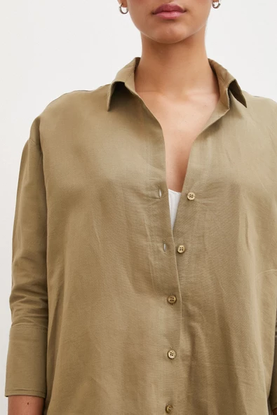 Yırtmaçlı Fakir Kol Gömlek Haki - Resim 4