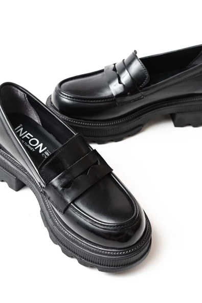 Siyah Rugan Günlük Yüksek Tabanlı Loafer Ayakkabı