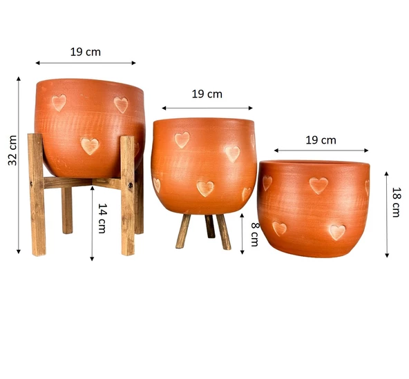 Bitki Tasarımı Aksesuar Kalp Desenli Toprak Saksı Saksılık Salon Çiçeklik Üçlü Set - 19 CM - 2