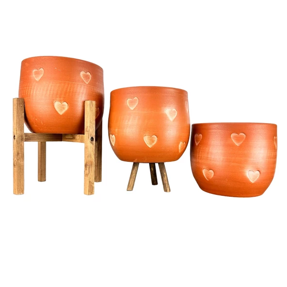 Bitki Tasarımı Aksesuar Kalp Desenli Toprak Saksı Saksılık Salon Çiçeklik Üçlü Set - 19 CM