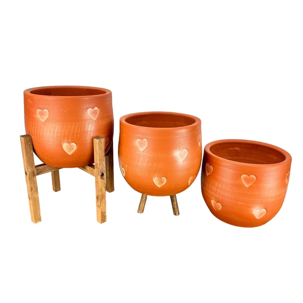 Bitki Tasarımı Aksesuar Kalp Desenli Toprak Saksı Saksılık Salon Çiçeklik Üçlü Set - 19 CM - 3