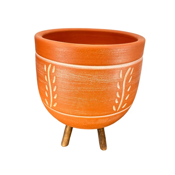 Bitki Tasarımı Ev Dekorasyon Nakış Desenli Toprak Saksı Saksılık Salon Çiçeklik 3 Ayaklı - 19 CM - Resim 5