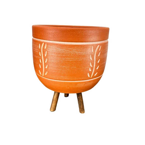 Bitki Tasarımı Ev Dekorasyon Nakış Desenli Toprak Saksı Saksılık Salon Çiçeklik 3 Ayaklı - 19 CM - Resim 4