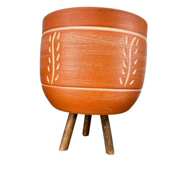 Bitki Tasarımı Ev Dekorasyon Nakış Desenli Toprak Saksı Saksılık Salon Çiçeklik 3 Ayaklı - 19 CM - Resim 3