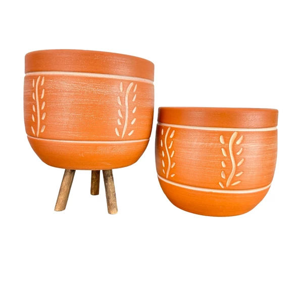 Bitki Tasarımı Ev Dekorasyon Nakış Desenli Toprak Saksı Saksılık Salon Çiçeklik İkili Set Ayaksız - 3 Ayaklı- 19 CM - 1