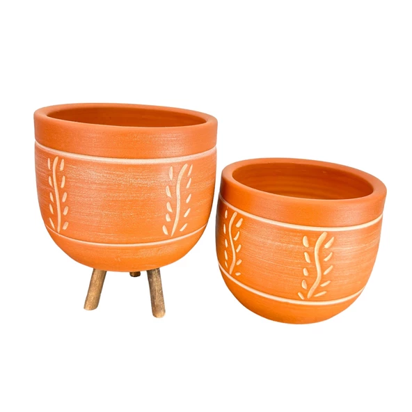 Bitki Tasarımı Ev Dekorasyon Nakış Desenli Toprak Saksı Saksılık Salon Çiçeklik İkili Set Ayaksız - 3 Ayaklı- 19 CM - 3
