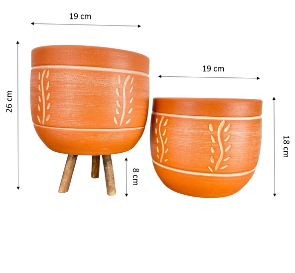 Bitki Tasarımı Ev Dekorasyon Nakış Desenli Toprak Saksı Saksılık Salon Çiçeklik İkili Set Ayaksız - 3 Ayaklı- 19 CM - 2