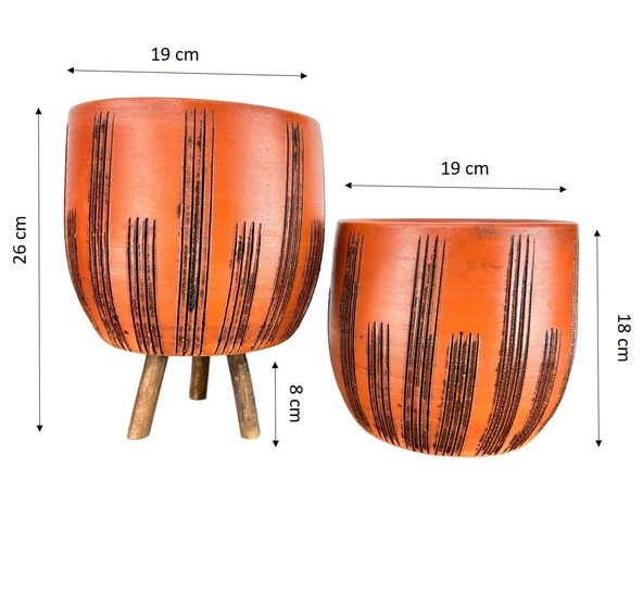 Bitki Tasarımı  Siyah Çizgi Desenli Toprak Saksı Saksılık Salon Çiçeklik İkili Set Ayaksız - 3 Ayaklı- 19 CM - 2