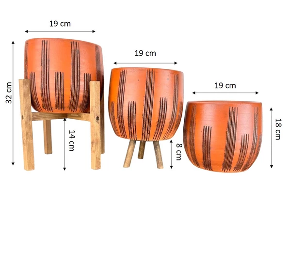 Bitki Tasarımı Siyah Çizgi Desenli Toprak Saksı Saksılık Salon Çiçeklik Üçlü Set - 19 CM - 2