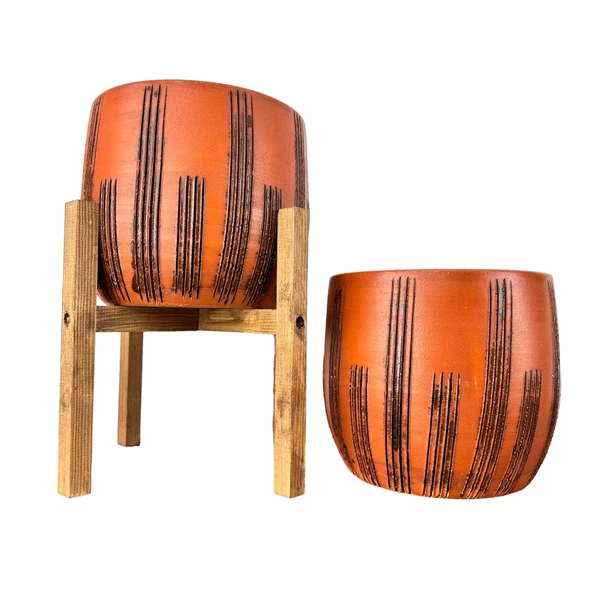 Bitki Tasarımı  Siyah Çizgi Desenli Toprak Saksı Saksılık Salon Çiçeklik İkili Set Ayaksız - 4 Ayaklı- 19 CM