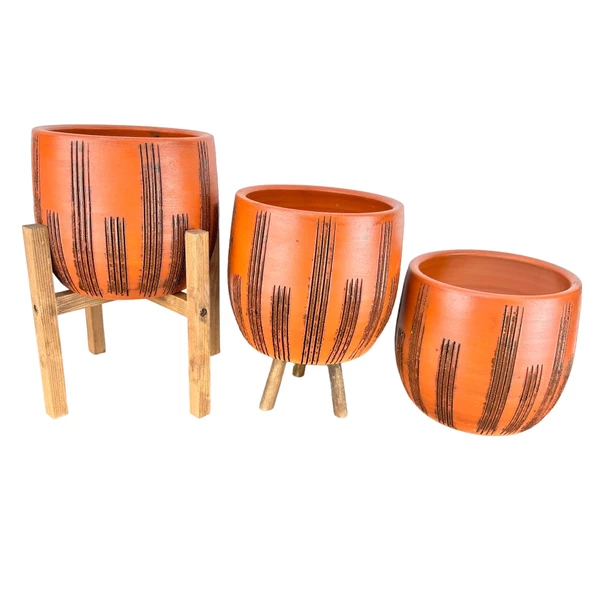 Bitki Tasarımı Siyah Çizgi Desenli Toprak Saksı Saksılık Salon Çiçeklik Üçlü Set - 19 CM - 3