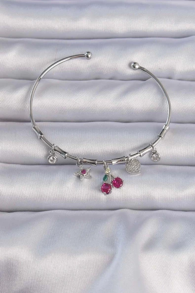 Pirinç Gümüş Renk Zirkon Taşlı Kiraz Figürlü Charm Bileklik ürün görseli 1