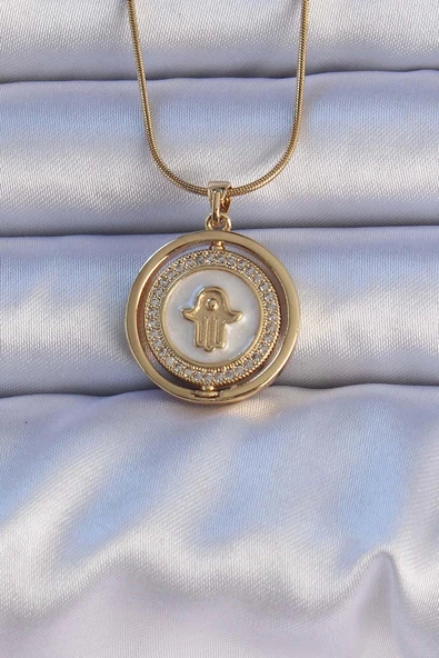316L Çelik Gold Renk Zirkon Taşlı Fatma Ana Eli Figürlü Kolye ürün görseli 1