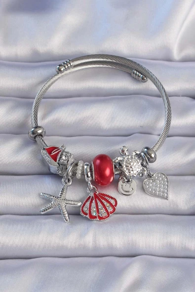 Gümüş Renk Zirkon Taşlı Kırmızı Deniz Kabuğu Tasarım Kalpli Charm Bileklik ürün görseli 1
