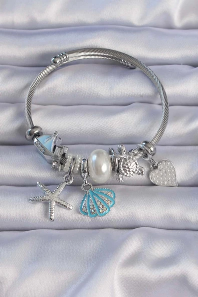 Gümüş Renk Zirkon Taşlı Mavi Deniz Kabuğu Tasarım Kalpli Charm Bileklik ürün görseli 1