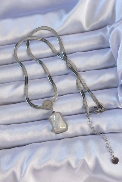 316L Çelik Gümüş Renk İtalyan Zincir Ezme Taşlı Kolye - 2