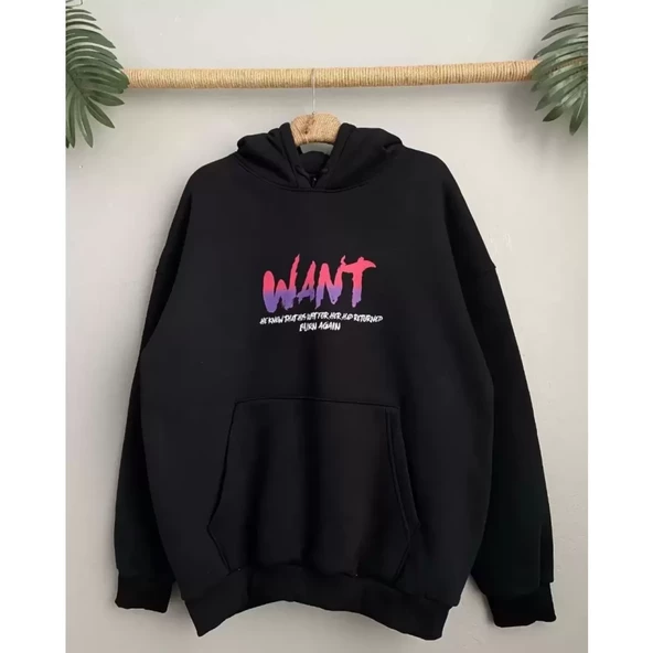 Baskılı Üç İplik Kapüşonlu Oversize Sweatshirt - Siyah - 3