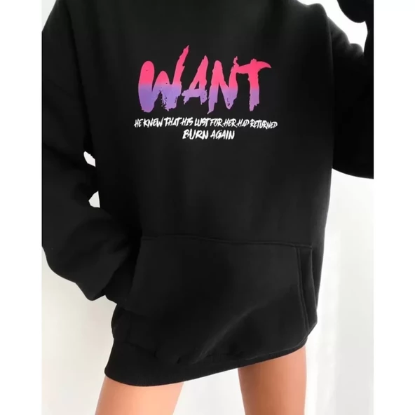 Baskılı Üç İplik Kapüşonlu Oversize Sweatshirt - Siyah - 2