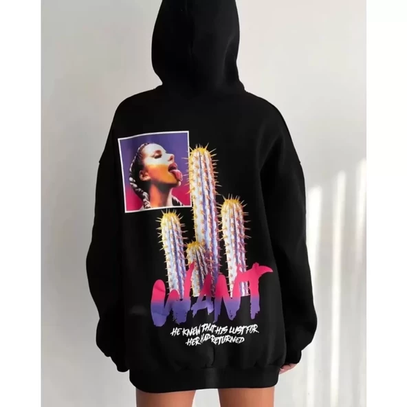 Baskılı Üç İplik Kapüşonlu Oversize Sweatshirt - Siyah