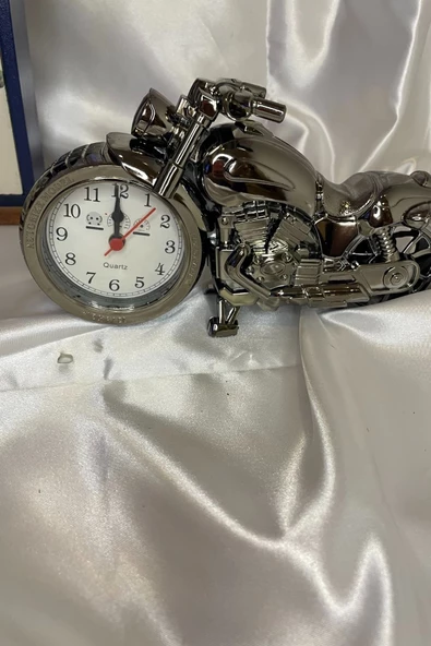 Motor Metal Saat El Yapımı Biblo Kalemlik Motosiklet Yarış Motoru Plastik Pilli Alarmlı - Resim 7