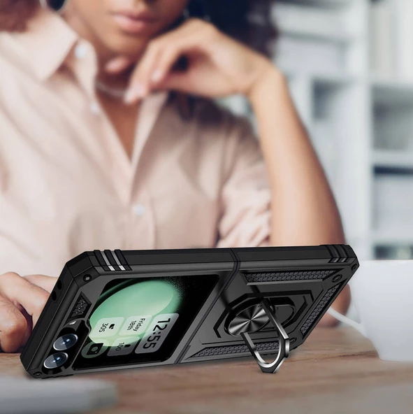 Samsung Galaxy Z Flip 6 Kılıf Vega Tank Sert Yüzüklü Standlı Zırh Koruma Kapak - 6