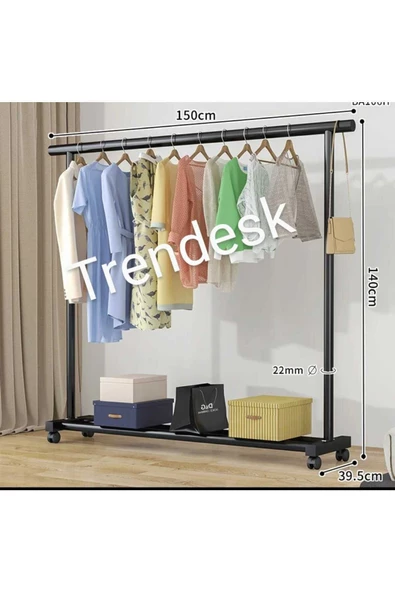 TRENDESK Metal Siyah / Beyaz  Konfeksiyon Askısı Ayaklı Askılık Elbise Askılığı Tekerlekli 150*140cm - 4