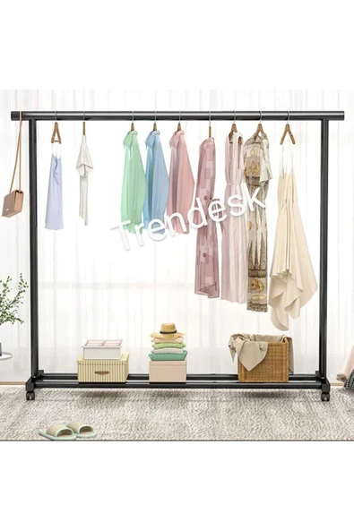 TRENDESK Metal Siyah / Beyaz Konfeksiyon Askısı Ayaklı Askılık Elbise Askılığı Tekerlekli 150*140cm - 3