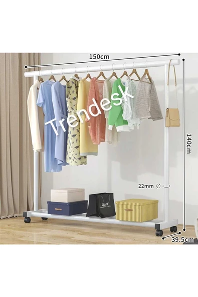 TRENDESK Metal Siyah / Beyaz Konfeksiyon Askısı Ayaklı Askılık Elbise Askılığı Tekerlekli 150*140cm - 2