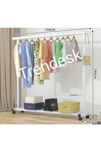 TRENDESK Metal Siyah / Beyaz Konfeksiyon Askısı Ayaklı Askılık Elbise Askılığı Tekerlekli 150*140cm - 2
