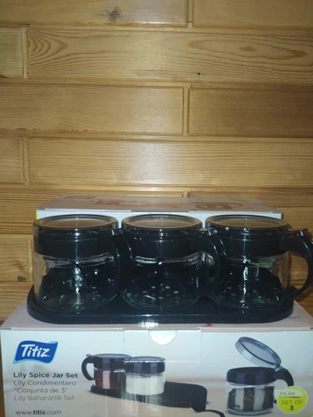 Stantlı 3lü Set Kaşıklı Baharatlık Set 3'lü Şekerlik Siyah - 6